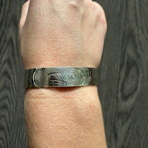 Sterling Silver Indigenous Carved Art Bear Bangle